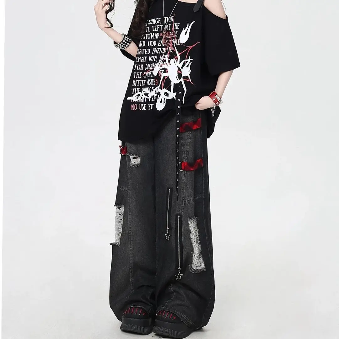 Jeans a vita alta per l'industria pesante con foro vecchio lavato Primavera Estate da donna 2025 Nuovo senso del design Pantaloni larghi dimagranti a gamba larga