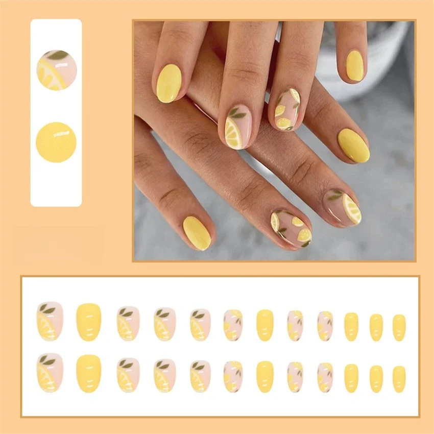 

24Pcs/Set Oval Yellow Lemon Fake Nails Tips Removable Artificial Acrylic Wearing False Nails Full Cover Adhesive Press on Nails