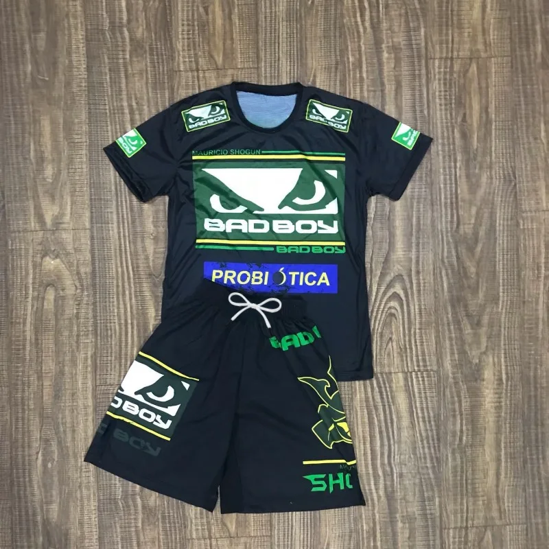 

2026 Men's Bad Boy Inspired MMA Training Set Black & Green Rash Guard and Shorts for BJJ & Grappling Workouts