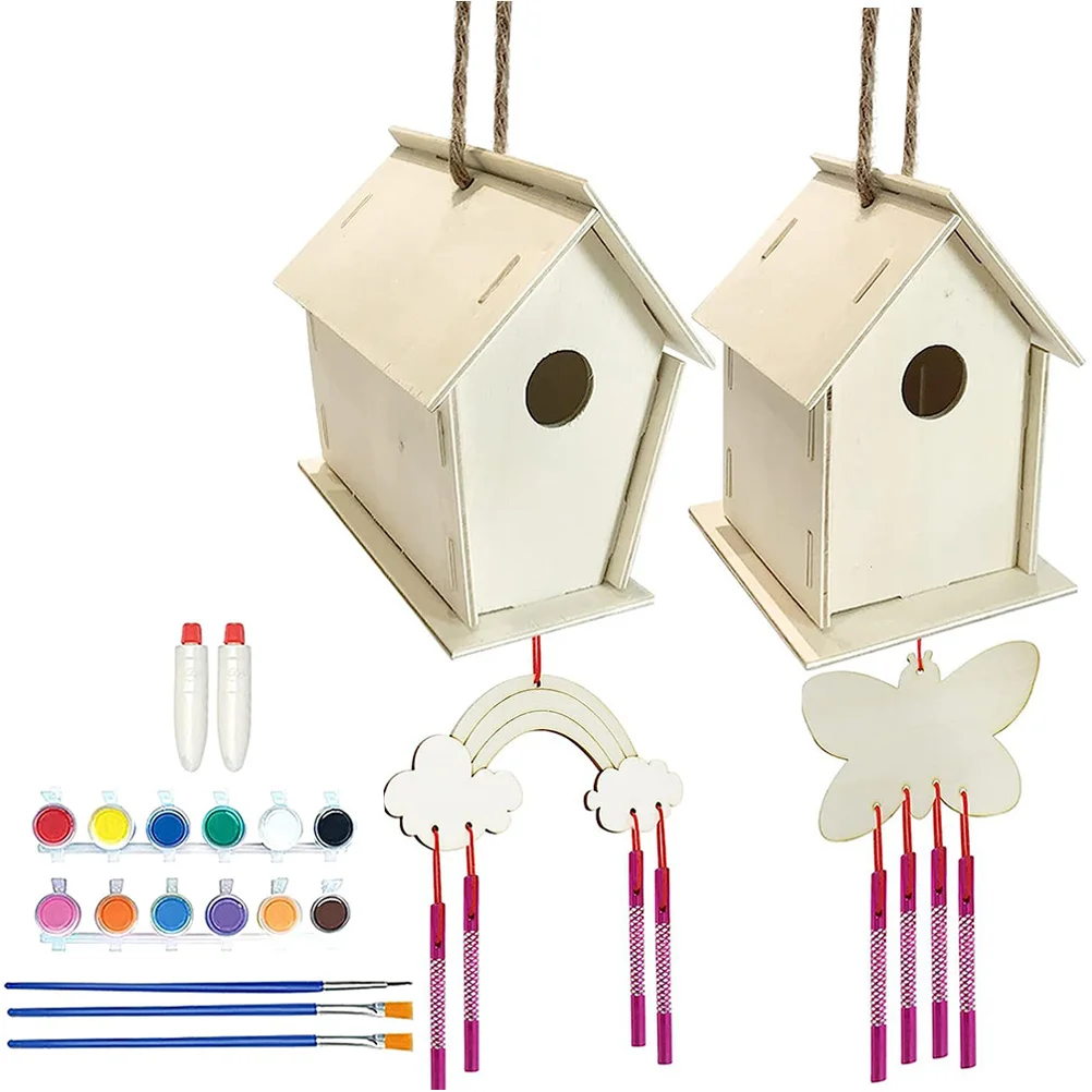 1 مجموعة بيت الطيور الرياح الرنين عدة DIY بها بنفسك منزل خشبي مجموعة أدوات رسم تطوير المهارات الحركية الدقيقة للأطفال الحرفية بناء الطلاء بيوت الطيور الرياح #4