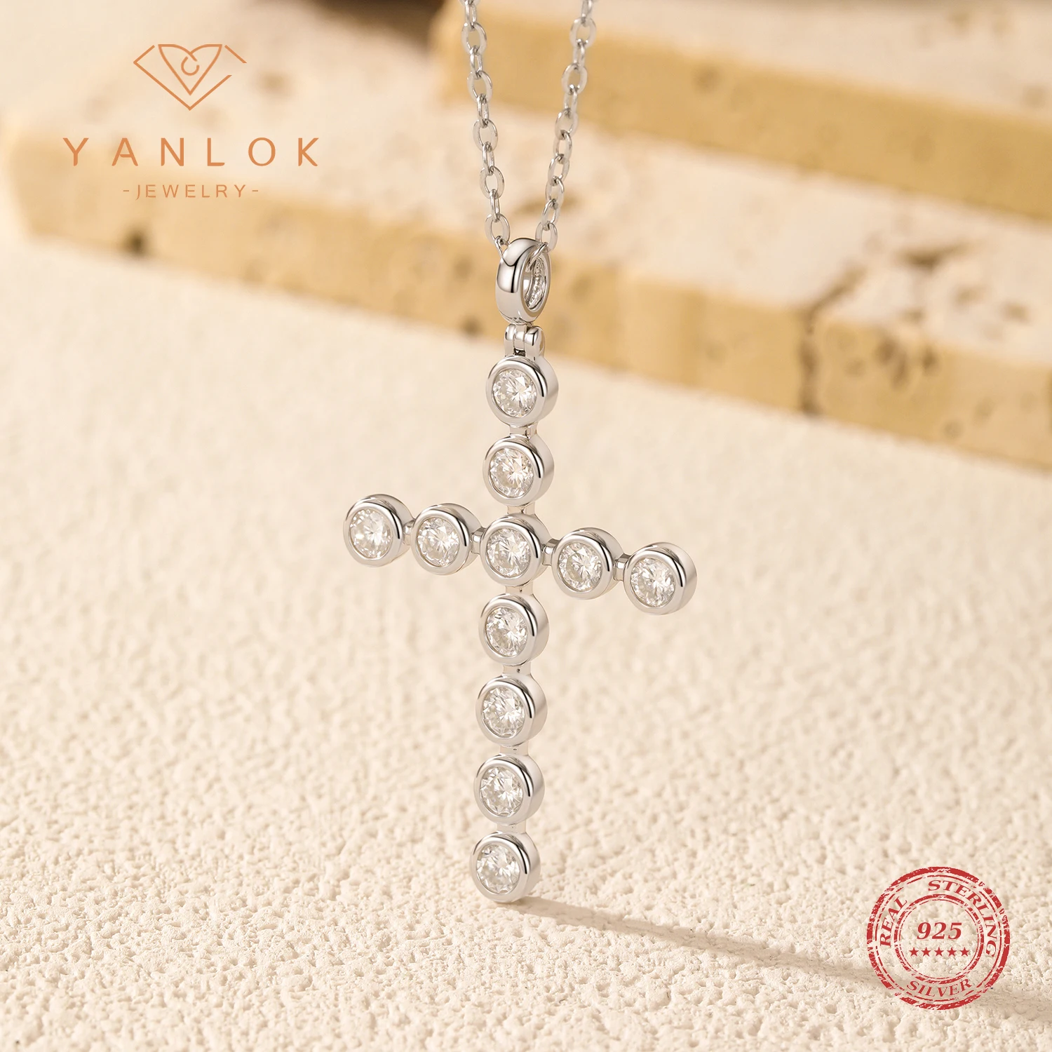 YANLOK 925 Sterling Silver Dazzling D Color Moissanite Cross Link Chain Pendant Necklace For Women Fine Jewelry
