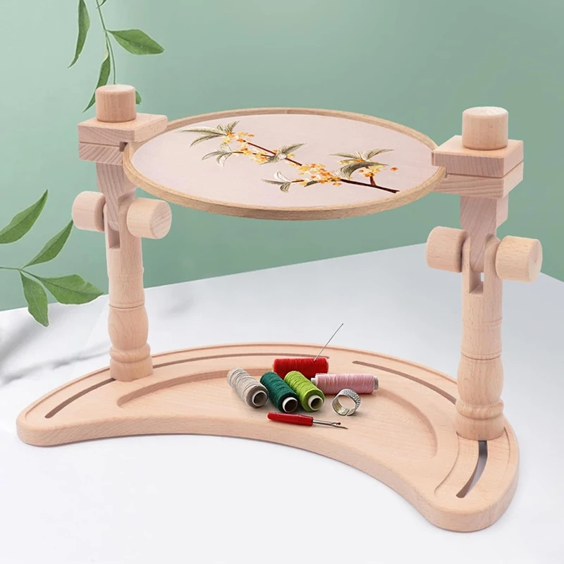 Adjustable Embroidery Stand, Rotated Stand Beech Wood Embroidery Hoop Holder For Arts Crafts Sewing Needlework