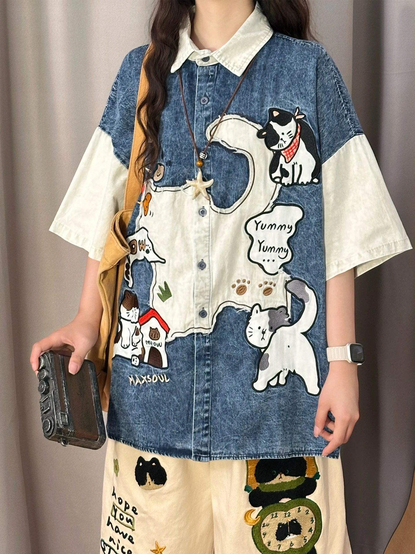 

SOLDOUT Original American Retro Cartoon Embroidery Patchwork Denim Short Sleeve Loose Women's Shirt Summer Street Style