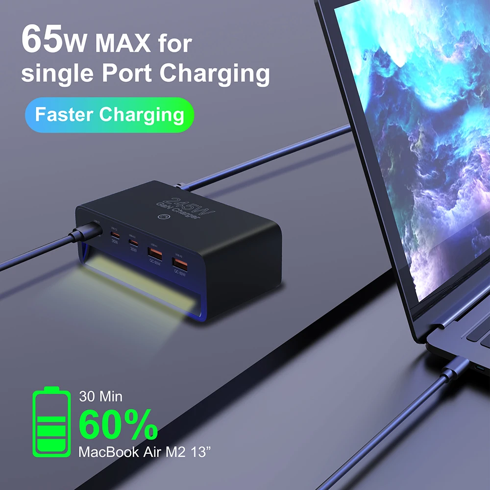 245W GaN Ladegerät 5-in-1 Desktop-Schnellladegerät mit Nachtlicht für iPhone 17 16 15 14 Pro Max Samsung Tablets iPad Mobiltelefone – Detail 5