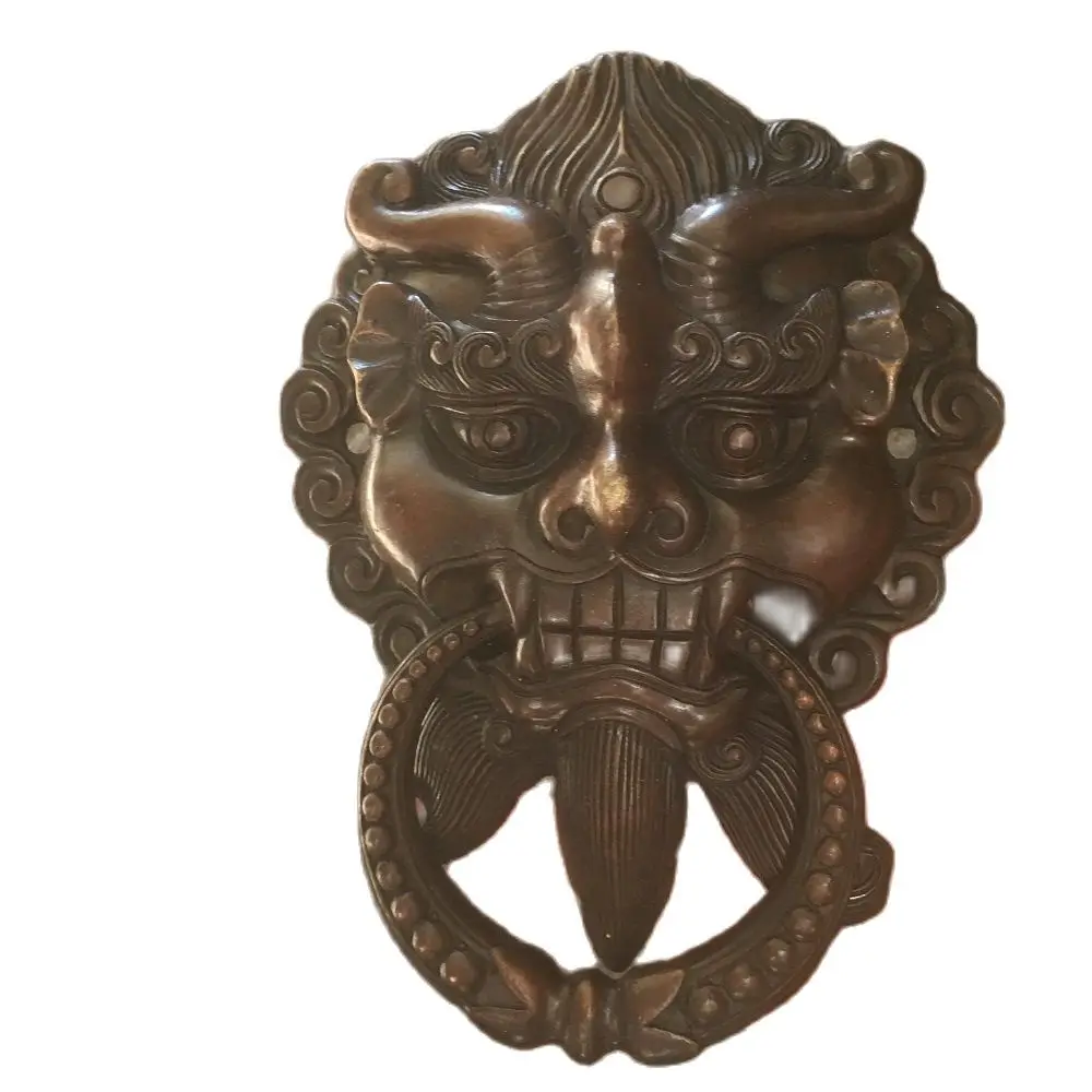 20CM A Pair Bronze Statue of Chinese Auspicious Beast Guardian God Lion Head Door Ring Knocker