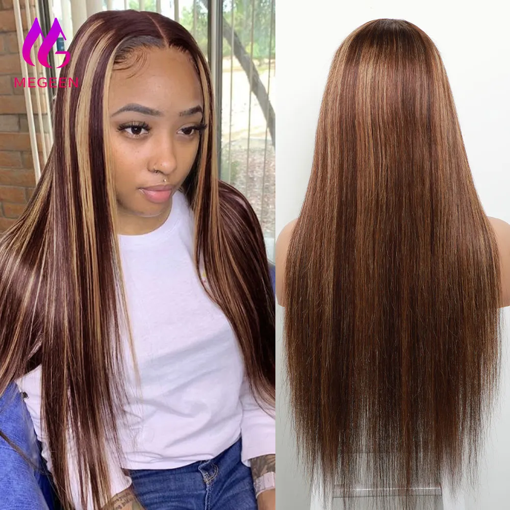 

Megeen 13X4 Transparent Lace Frontal Wig Human Hair P4/27 Highlight Honey Blonde Straight Lace Front Wig Colored Ombre Wigs Remy
