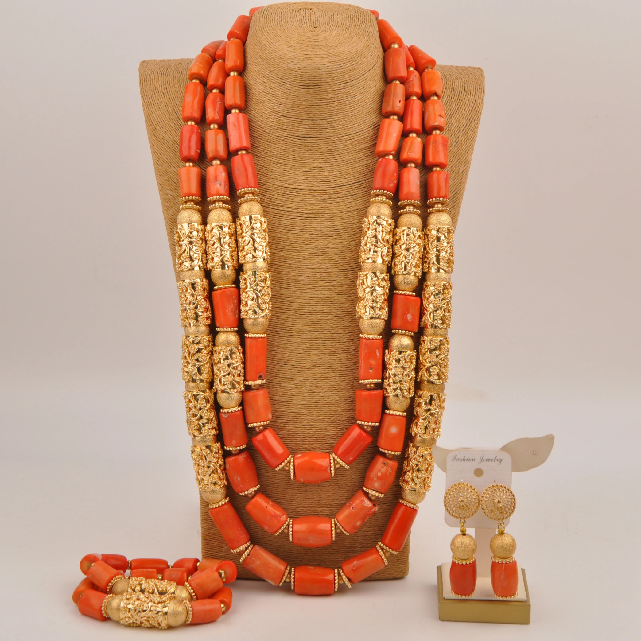 Gift African Orange Natural Coral Bead Jewelry set Nigerian jewelry set for brides