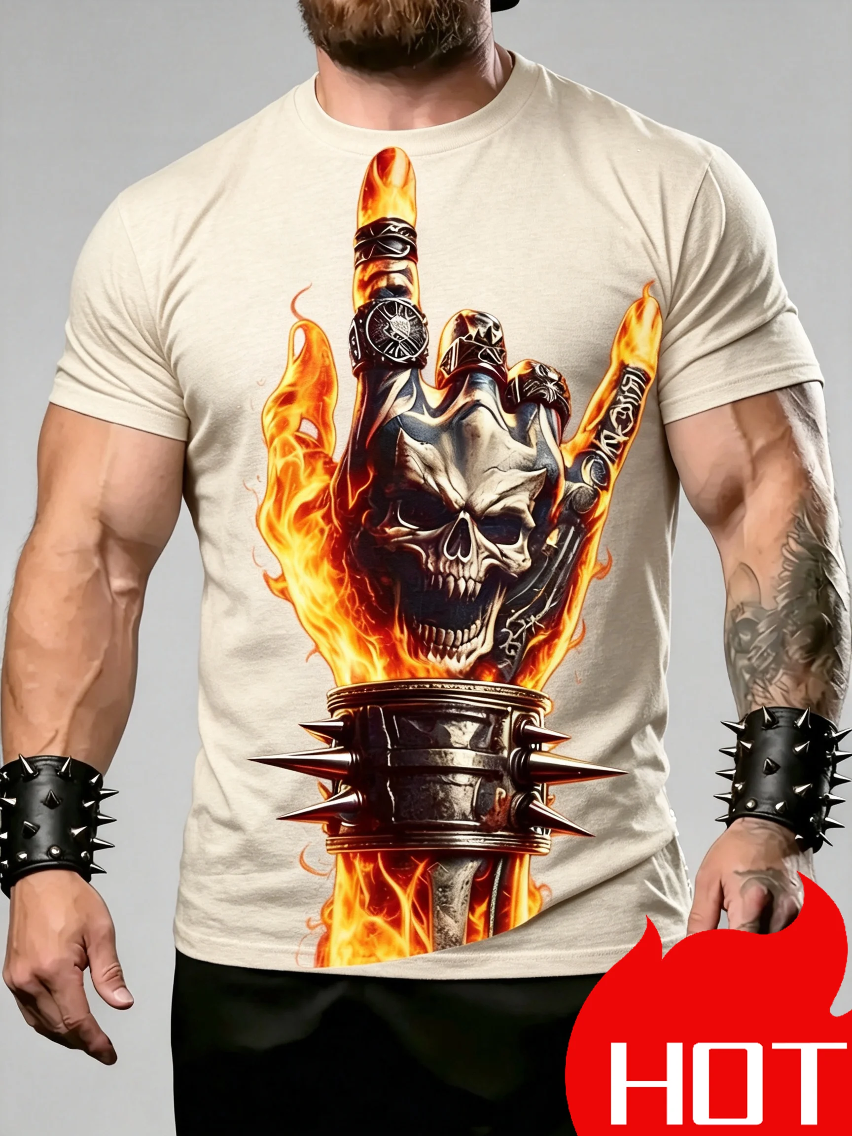 Men Flame Skull Print T-Shirt, Rock Music Short Sleeve O-Neck Casual Streetwear Tee Hot Selling Thin Fashion Top