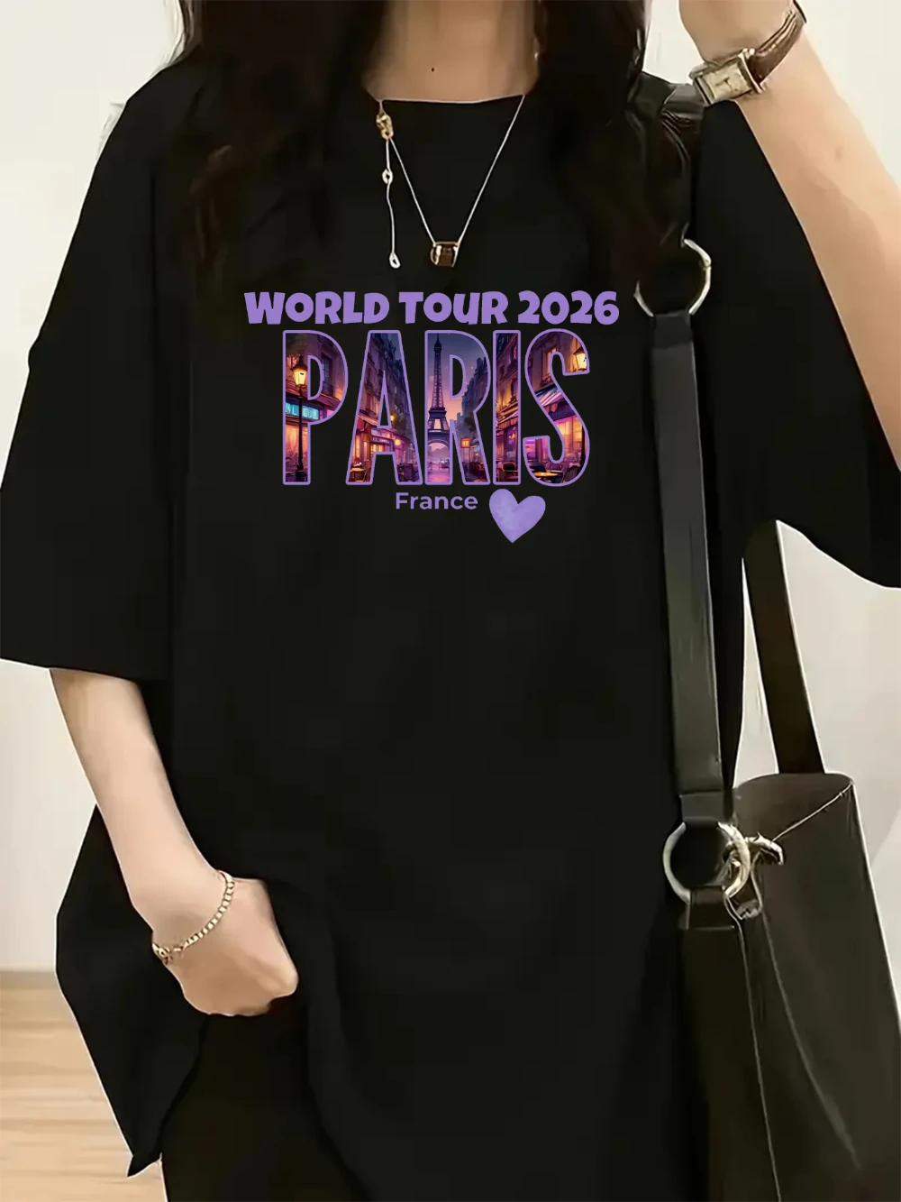 A casual round neck short-sleeved T-shirt for women full of French romantic inspired by the 2026 world tour/travel souvenir