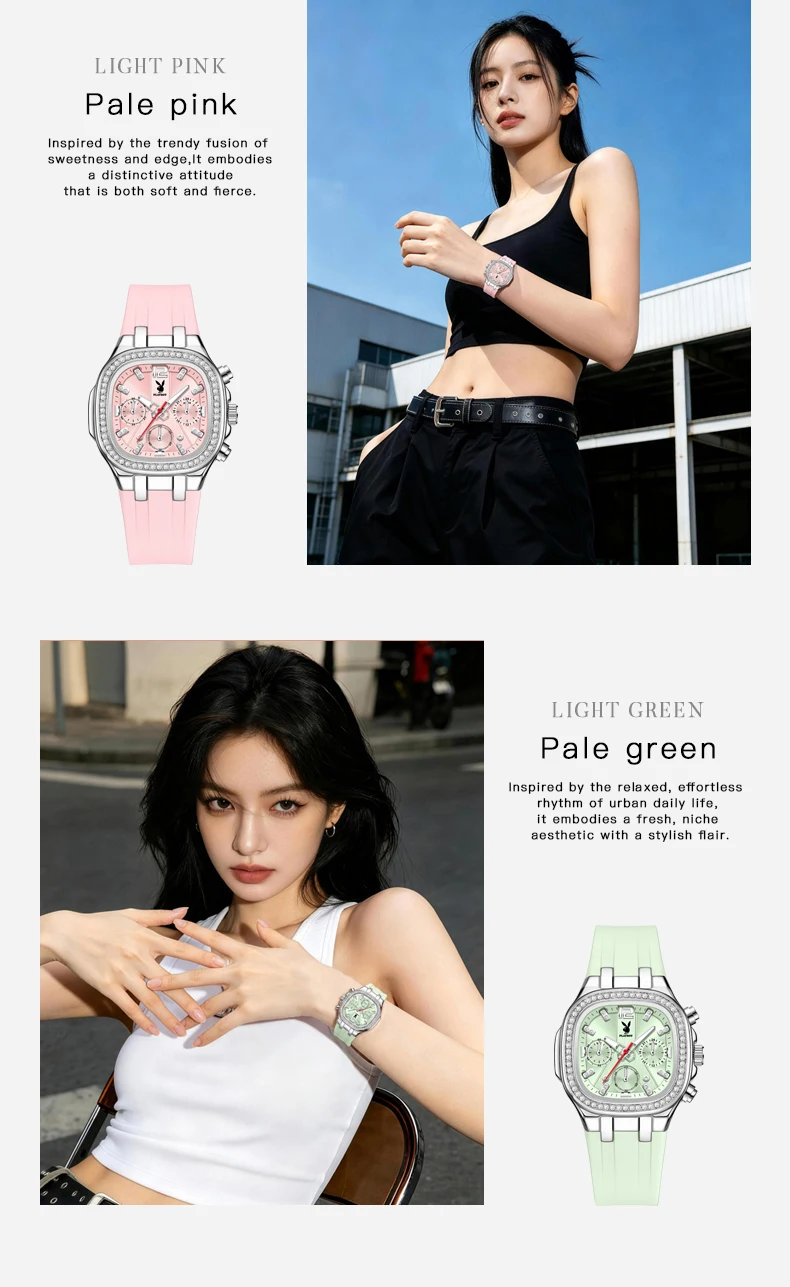 PLAYBOY 3076 Chronograph Quarzuhren für Damen Wasserdicht Leuchtend Elegantes Silikonarmband Diamantlünette Luxus Damenuhren – Detail 10