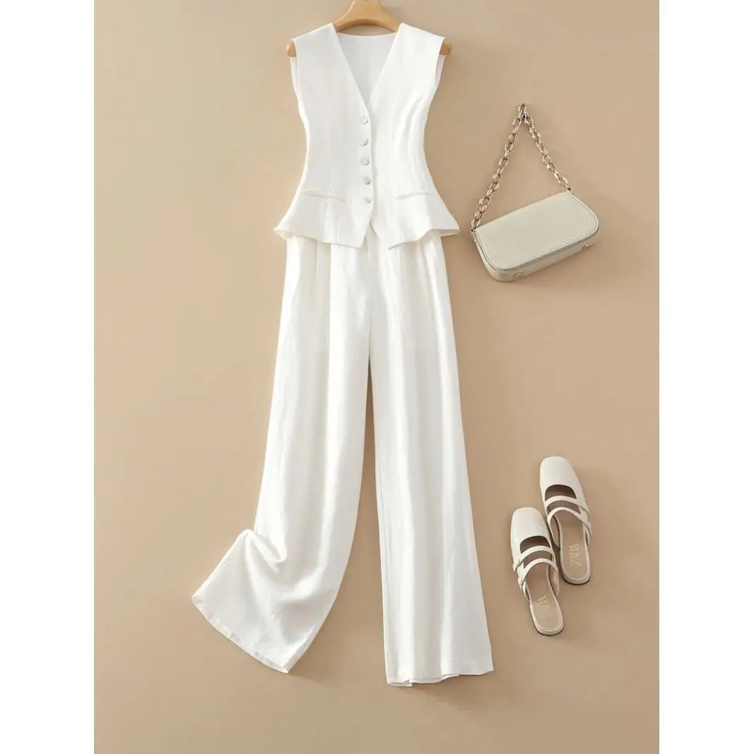 

Новый элитный летний женский комплект из двух предметов, элегантный офисный женский жилет без рукавов с v-образным вырезом, топ + широкие брюки, модный костюм