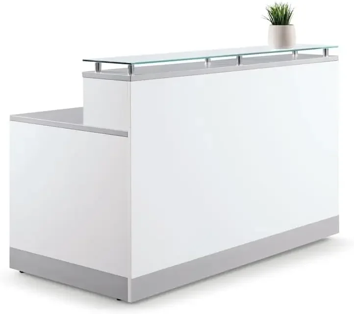 

Modern Reception Desk with Counter Front Desk Reception Counter 2 Grommet Holes - Countertop Welcome Desk for Office (White)