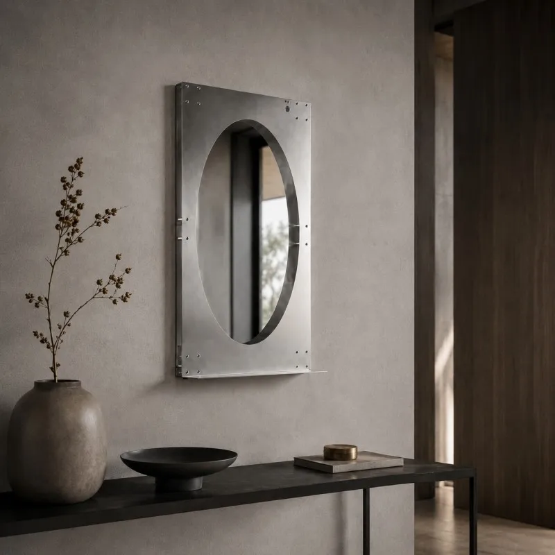 Stainless Steel Metal Art Deco Wall Mirror With Polished Reflective Surface