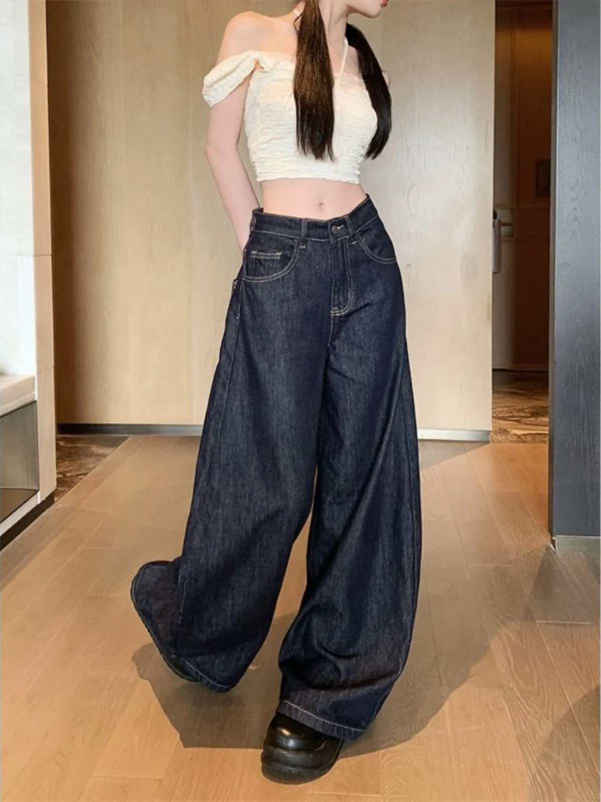 Jeans met hoge taille en wijde pijpen Dames losse rechte lange broek Amerikaanse retro getailleerde diepblauwe denim ort plus size broek