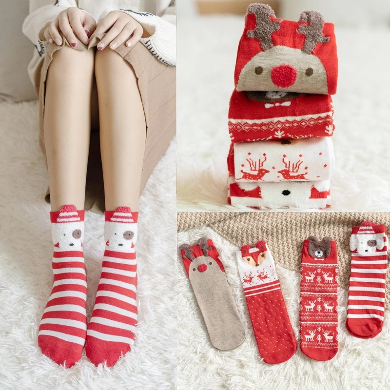 4 Pairs Fashion Cartoon Santa Claus Socks Unisex Family Home Socks Striped Stretch Sox Women Holiday Christmas New Year Red Sock