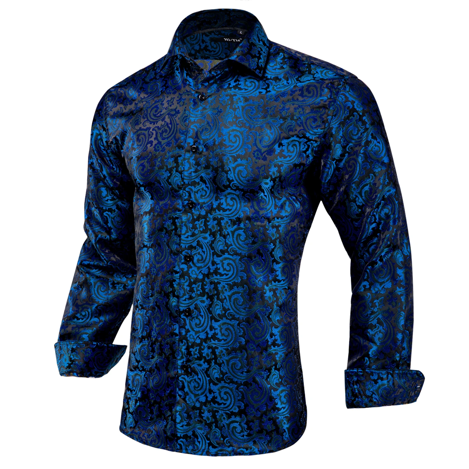 Hi-Tie Men\'s Silk Shirts Dark Blue Long Sleeve Pink Green Black Red Beige Purple Slim Fit Shirt For Male Business Gifts Designer