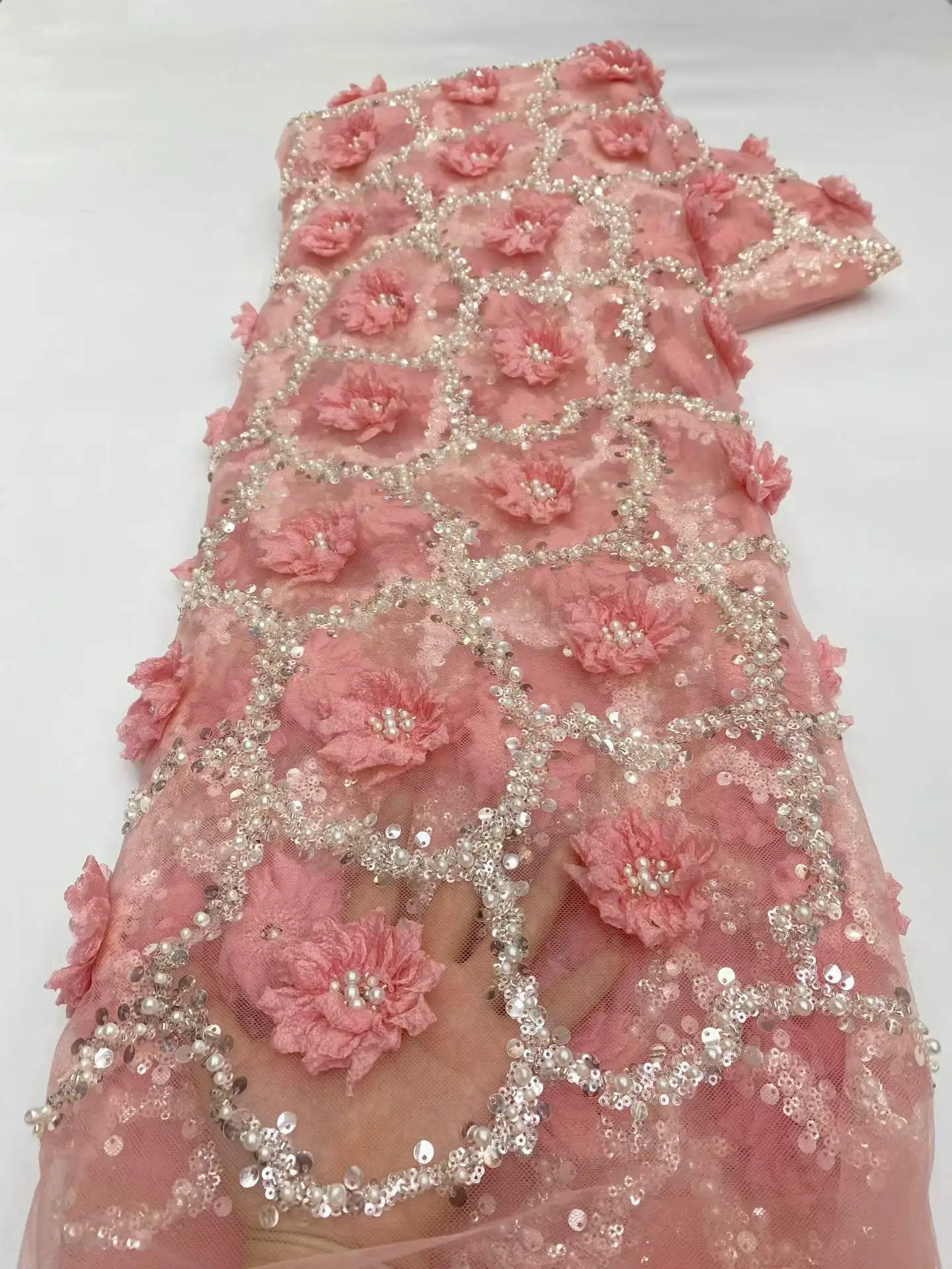 

5 Yards African Nigerian 2026 Beaded Emboridery Lace High-End Luxury French Sequin Net Lace Fabric For Wedding Party Dress Women