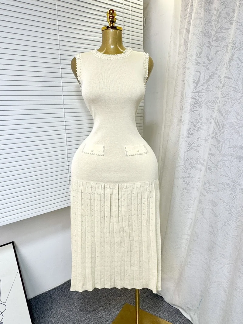 Elegantes Perlenverziertes Strickkleid Sommerkleidung Damen 2026 Ärmelloses Bodycon Maxi Langes Kleid OL-Stil Bürokleid