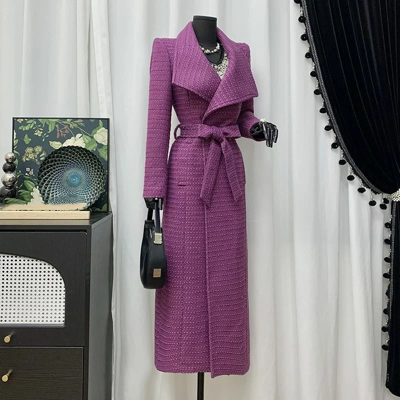 

2026 autumn winter High end banquet Fashion long coat for women black tweed Noble Trend woolen lady coat belt generous slim fit
