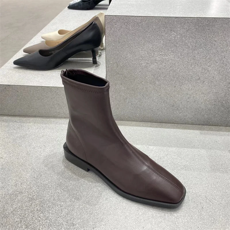 Fashion Faux Suede Stretch Boots Autumn Winter Ankle Boots Low Heels Square Toe Lady Short Boots Women Shoes