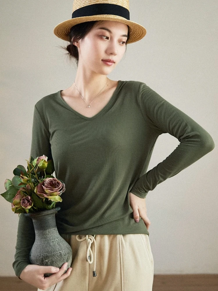 

Женская базовая футболка из шелка с эффектом похудения, длинная, с V-образным вырезом, мягкая и удобная, повседневная, весенняя коллекция 2026