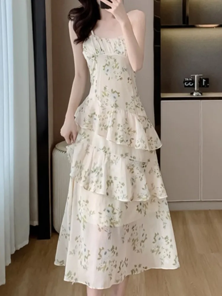 

Elegant and Chic Women Fashion New Summer Dress Spaghetti Strap Vintage A-Line Floral Print Midi Dresses Female Clothes Vestidos