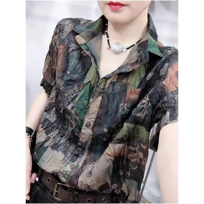 Women\'s Polo Collar 2024 Summer New Korean Commute Printed Ruched Button Cardigan Retro Subtle Short Sleeved Loose Shirts Tops