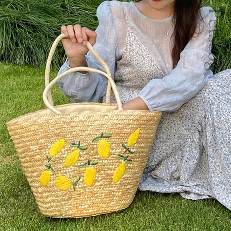 Large Capacity Summer Tote Bags For Women Lemon Pattern Embroidered Straw Bag Bohemian Beach Party Big Handbags Shoulder Bag