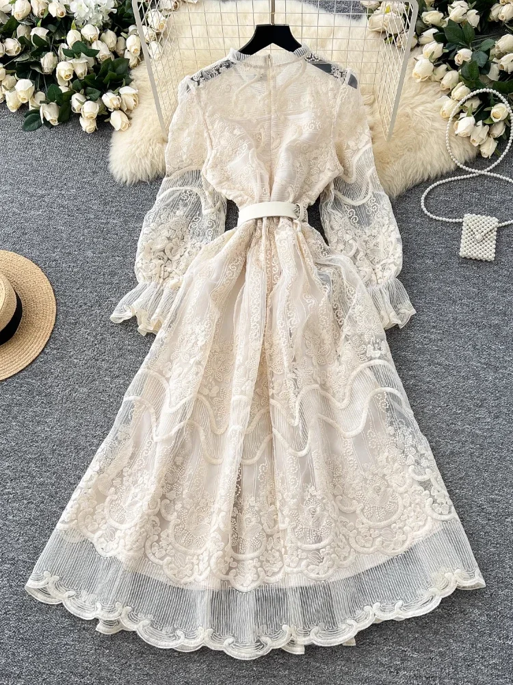 Spring France Elegant Vintage Evening Dress Women Sashes Button Mesh Embroidery Party Dress Female Casual Fairycore Clothing New