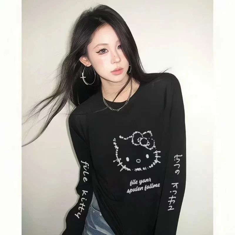 Hellokity Y2k T-shirt à manches longues fille épicée doux Cool Harajuku T-shirt Kawaii dessin animé vêtements de sport amples pour femmes haut décontracté