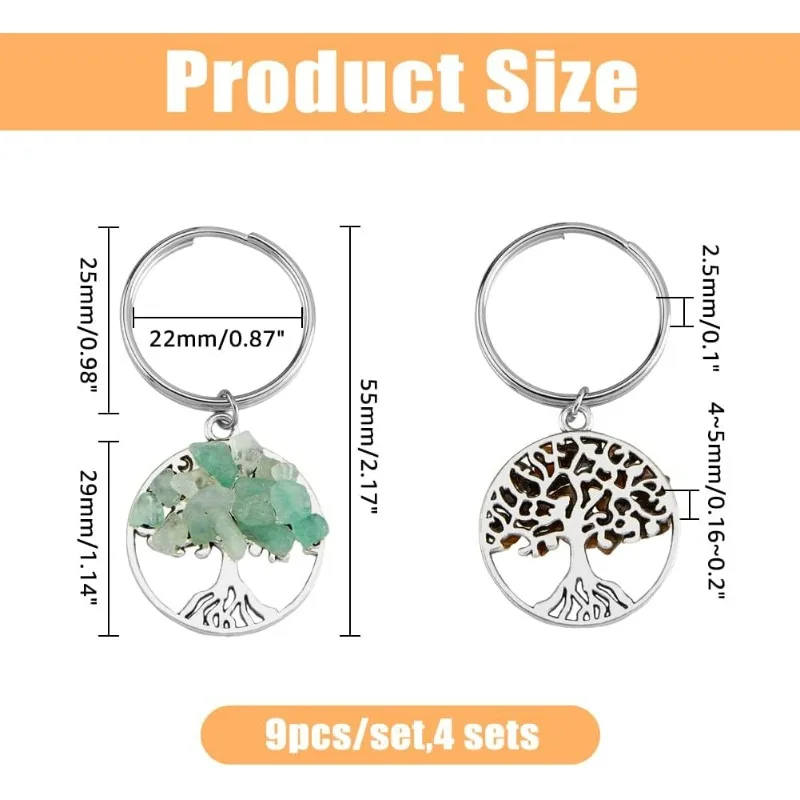 36Pcs 9 Styles Tree of Life Keychain Natural Crystal Stones Handmade DIY Keychain Charm Pendant Gemstones Key Chain Charm