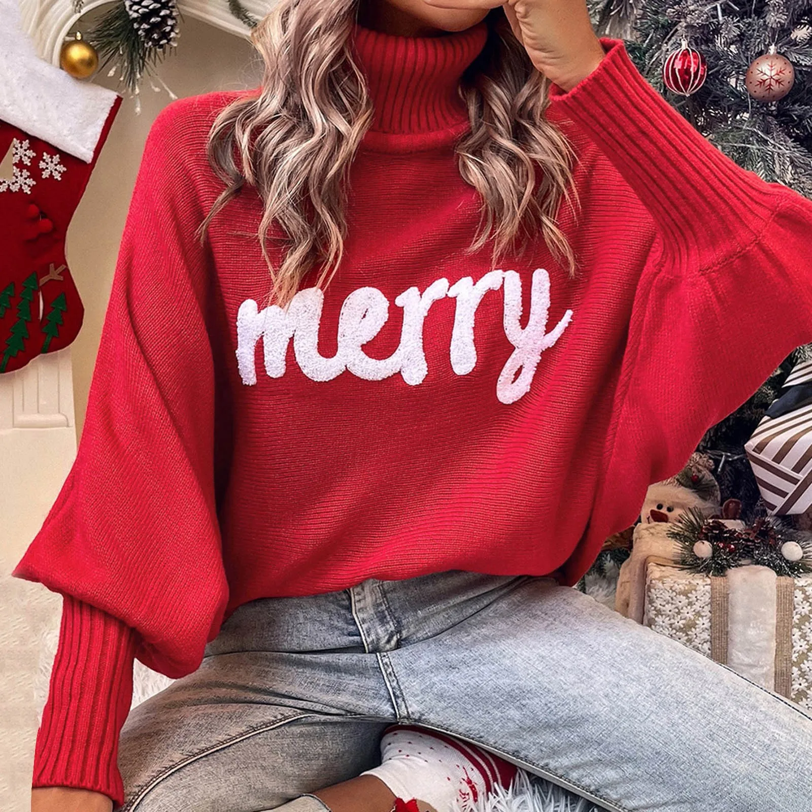 Red Turtleneck Letter Sweater Women 2024 Autumn Winter Long Sleeve New Year Christmas Casual Pullover Female Fashion Streetwear