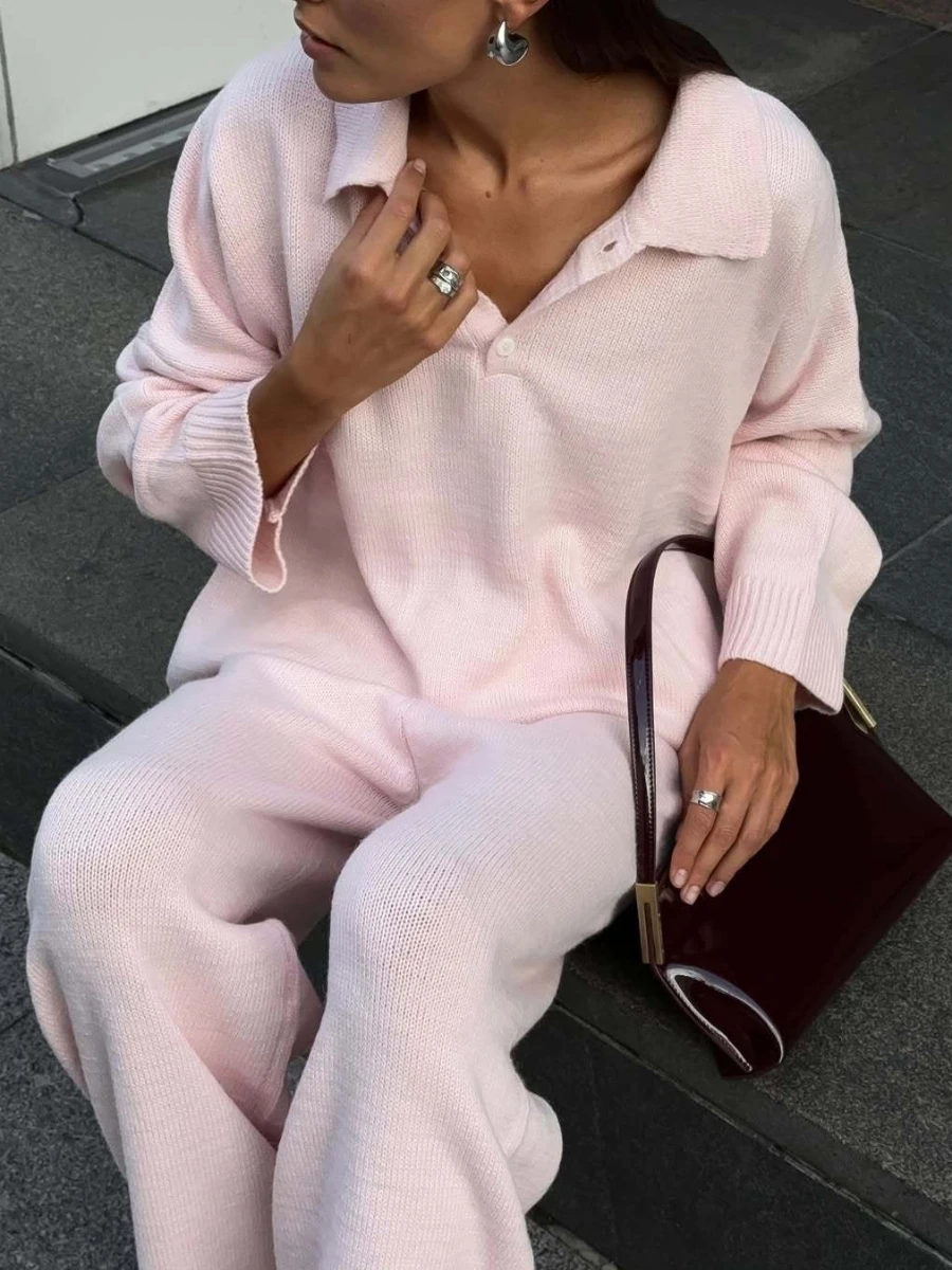 

Blubelle Women's New Autumn Winter Solid Color Polo Collar Knit Sweater Wide Leg Pants Set Loose Fit Casual Fashion Outfit