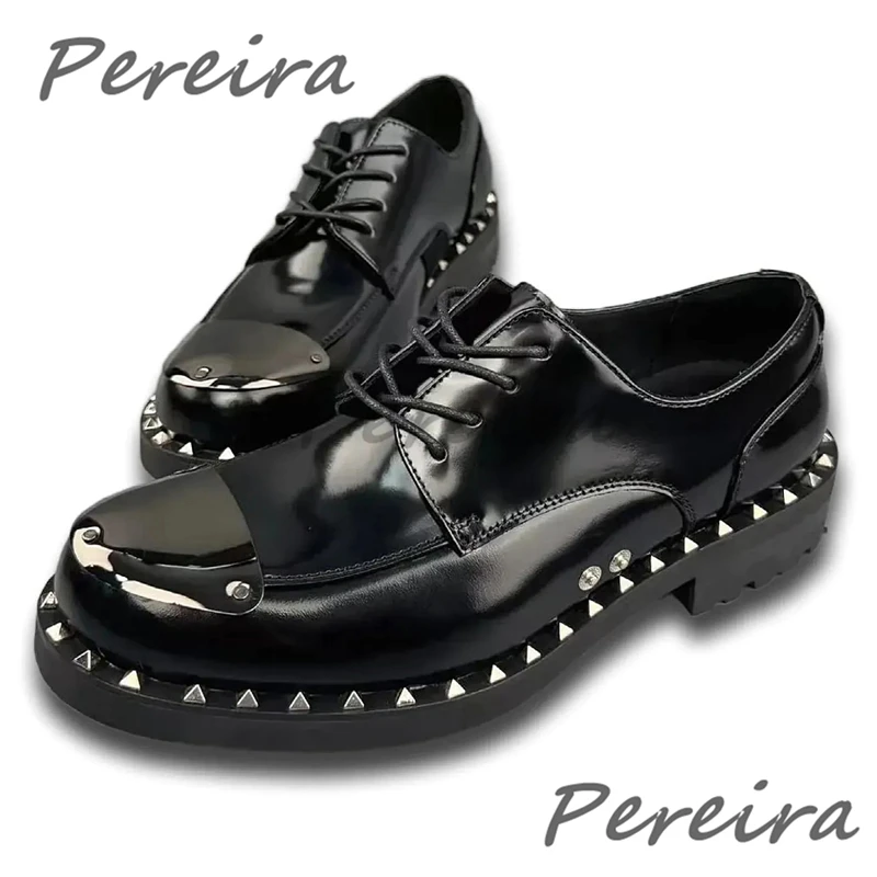 Men's Rivet Thick Soled Lace-Up Derby Shoes Metal Decor Round Toe Genuine Leather Casual Business Shoes British Style Male Shoes