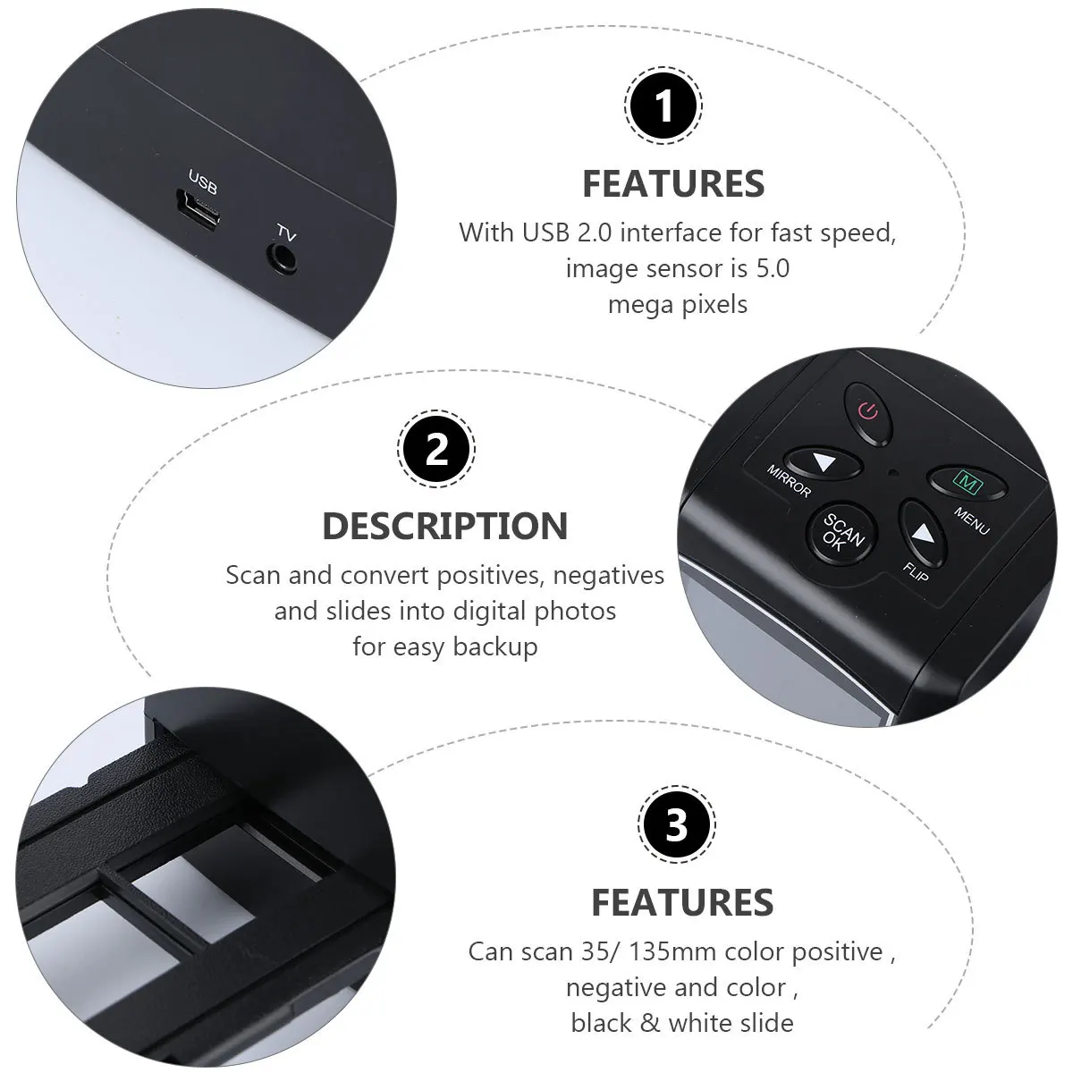 35 135 مللي متر ماسح ضوئي منزلق 5.0mp 3600 ديسيبل متوحد الخواص فيلم عالي الدقة محول رقمي لشرائح الإيجابية السلبية واجهة USB 2.0 #4