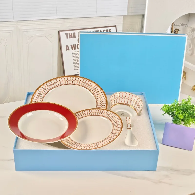 

European light luxury gold-rimmed bone china tableware set red edge mesh bowl, plate spoon tableware gift box