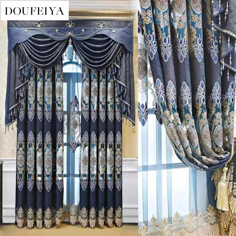

Custom Size！！European Luxury Blackout Thick Embroidery Curtains for Living Dining Room Bedroom White Tulle Decor Modern Elegant