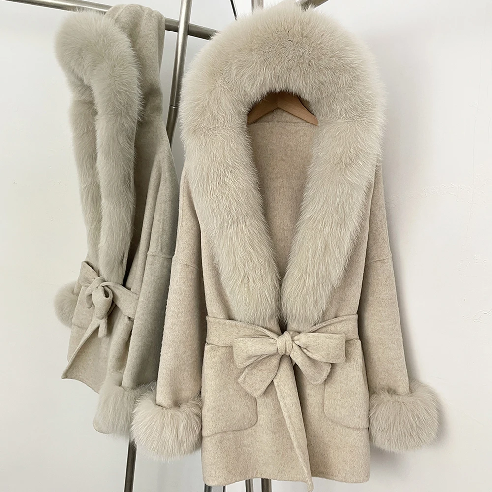 Women's Woolen Coat Hooded Real Fox Fur Jacket Wool and Trench Coats Belt Woman Clothing Big Natural Fur Wool Coat Women Pocket