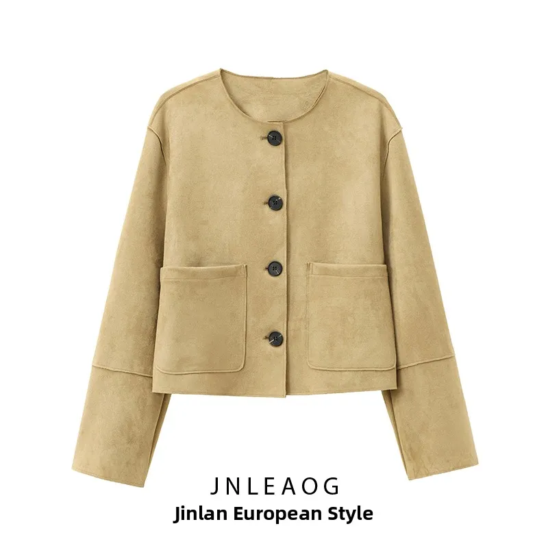 JNLEAOG Women's Autumn New Fashion Design Faux Suede Texture Jacket Outerwear Straight Cut Long Sleeve round Neck Button up