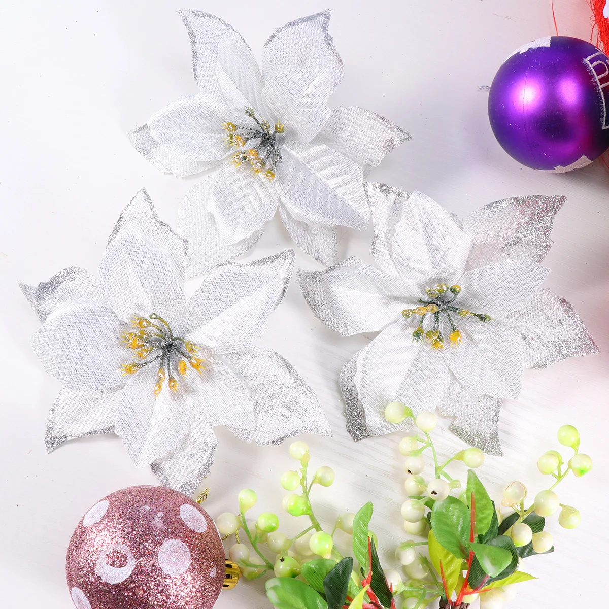 

6Pcs Christmas Tree Decoration Flowers Artificial Handmade Flower Ornament for Wedding Party Home Decor Silver