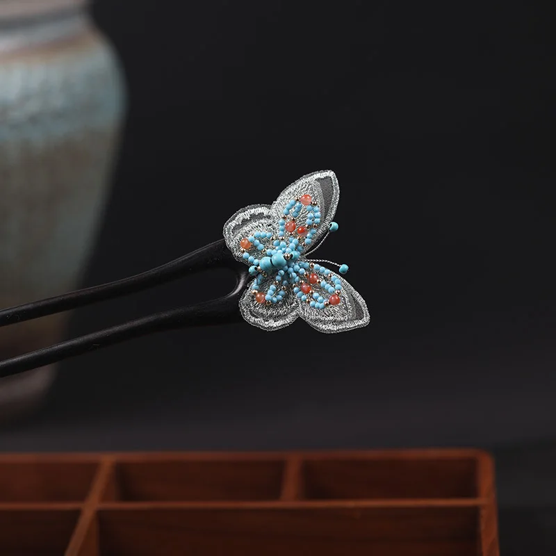 Jepit rambut kayu cendana kupu-kupu bordir kelas atas antik hiasan kepala kain jepit rambut gaun kuda jepit rambut retro