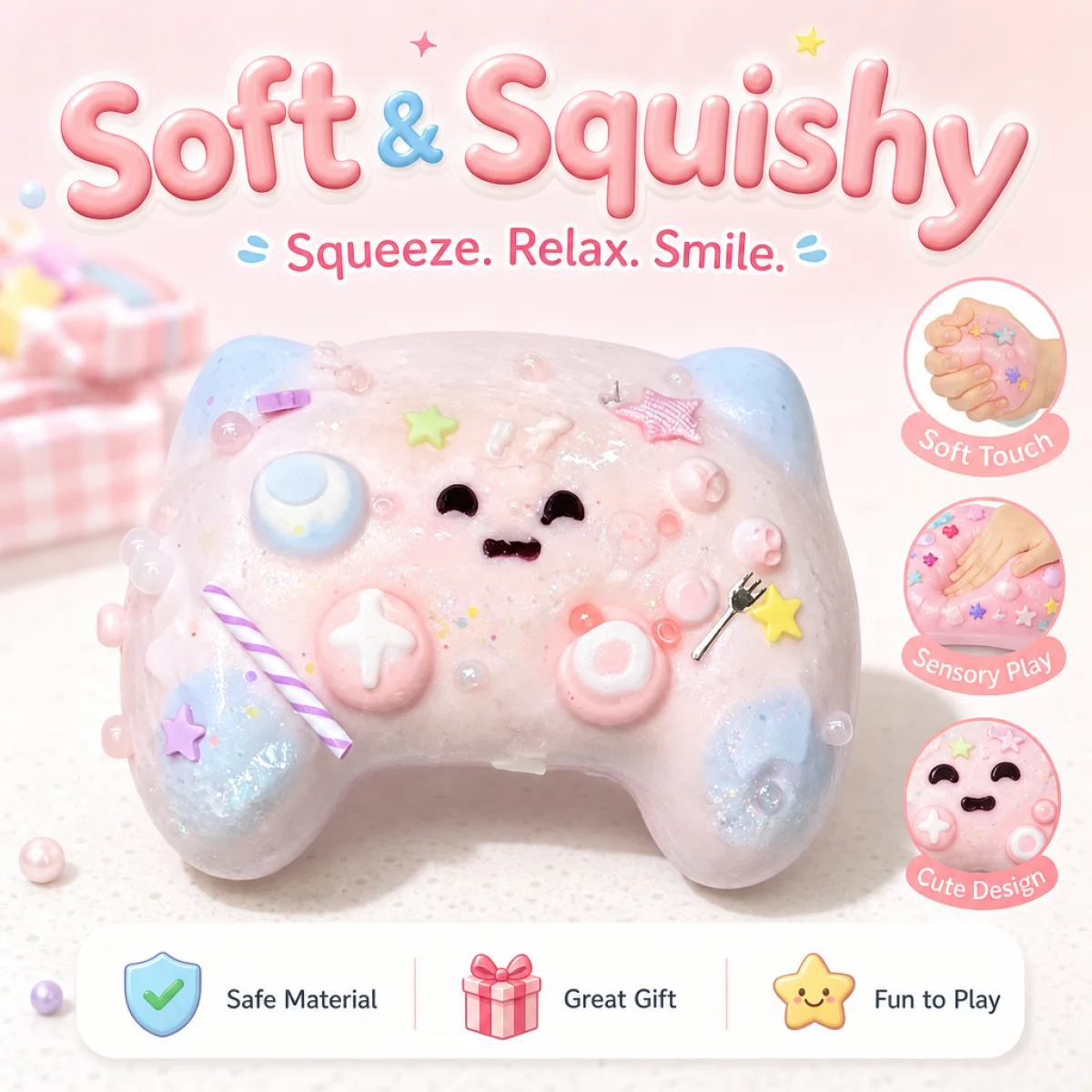 Kawaii Pastel Gamepad Squeeze Toy Food Grade Safe Soft Silicone Material Lovely Candy Ornament Portable Anxiety Relieving Fidget