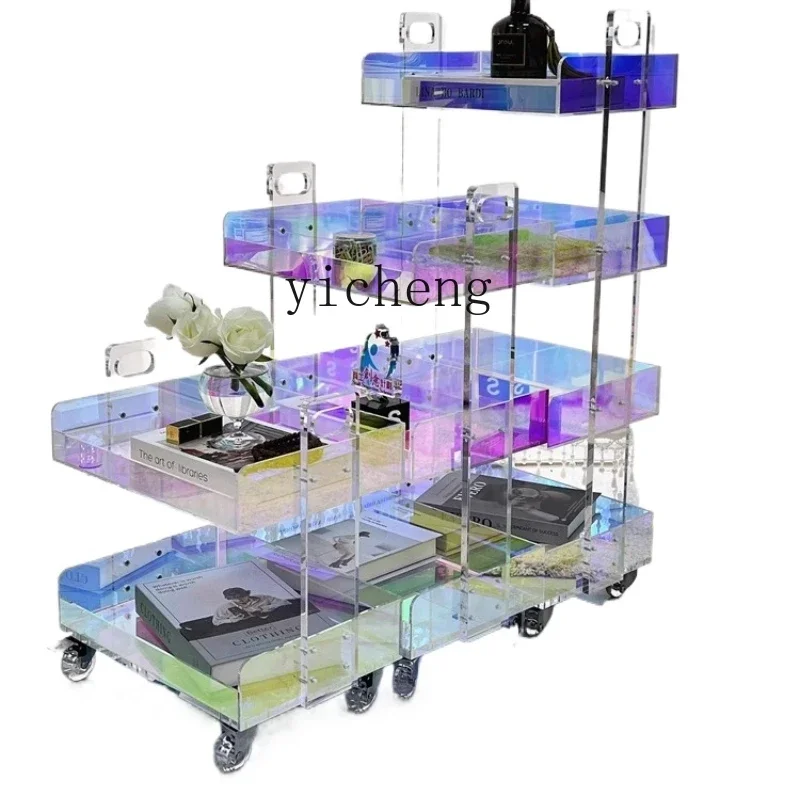 

light luxury transparent acrylic edge table movable medieval trolley bedside table rack