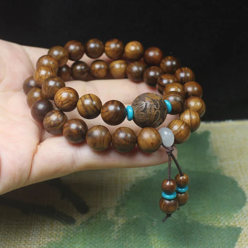 Black rosewood 10mm double-loop bracelet with carved Pixiu charm, Chinese-style unisex Buddhist prayer beads and hand ornament