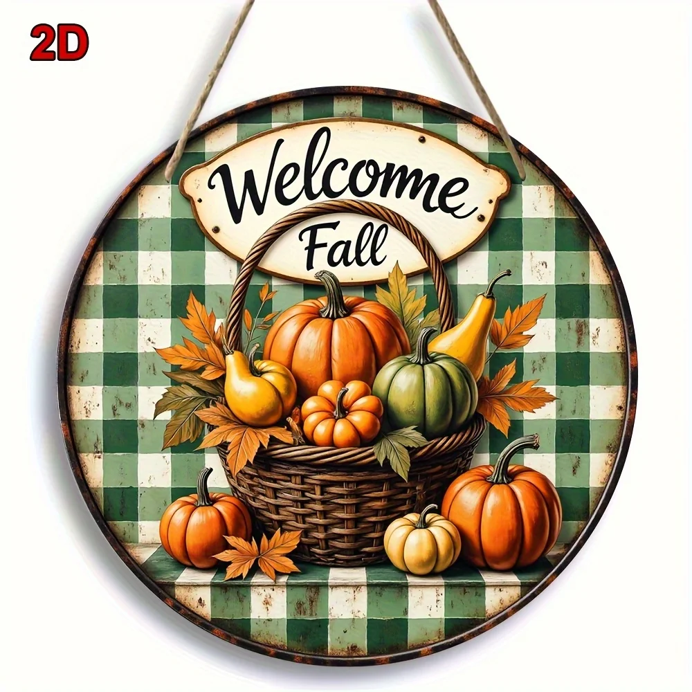2D Flat - A 2D Wooden Circular Sign Welcoming The Autumn Harvest, Featuring Rustic Pumpkin And Checkered Decorations with Cursiv