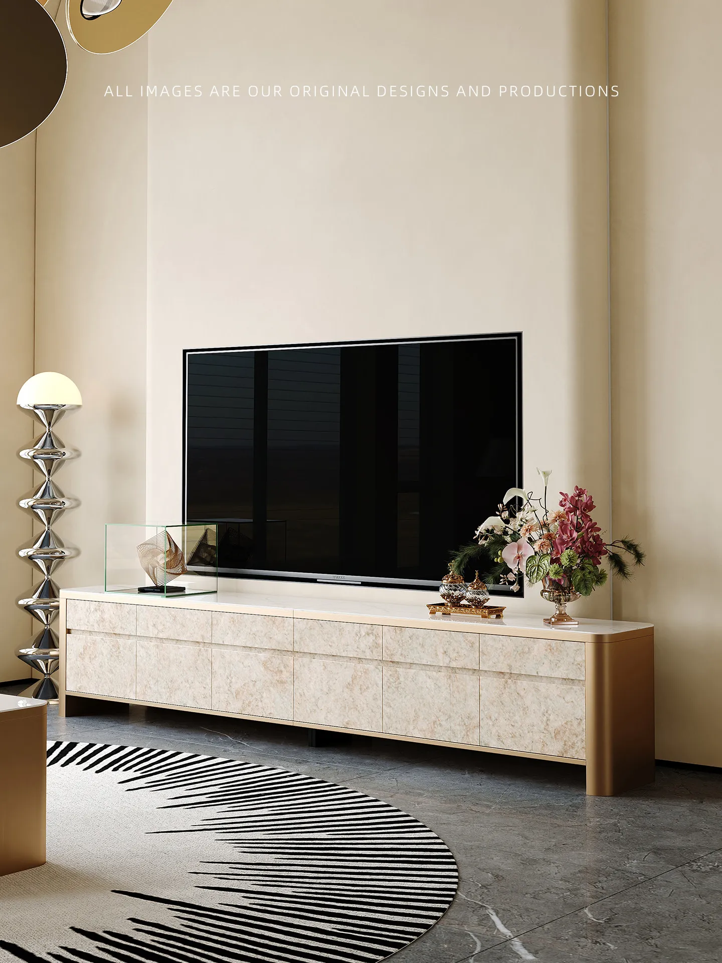 PYH TV cabinet living room new light luxury high-end home solid wood high-end rock slab coffee table combination