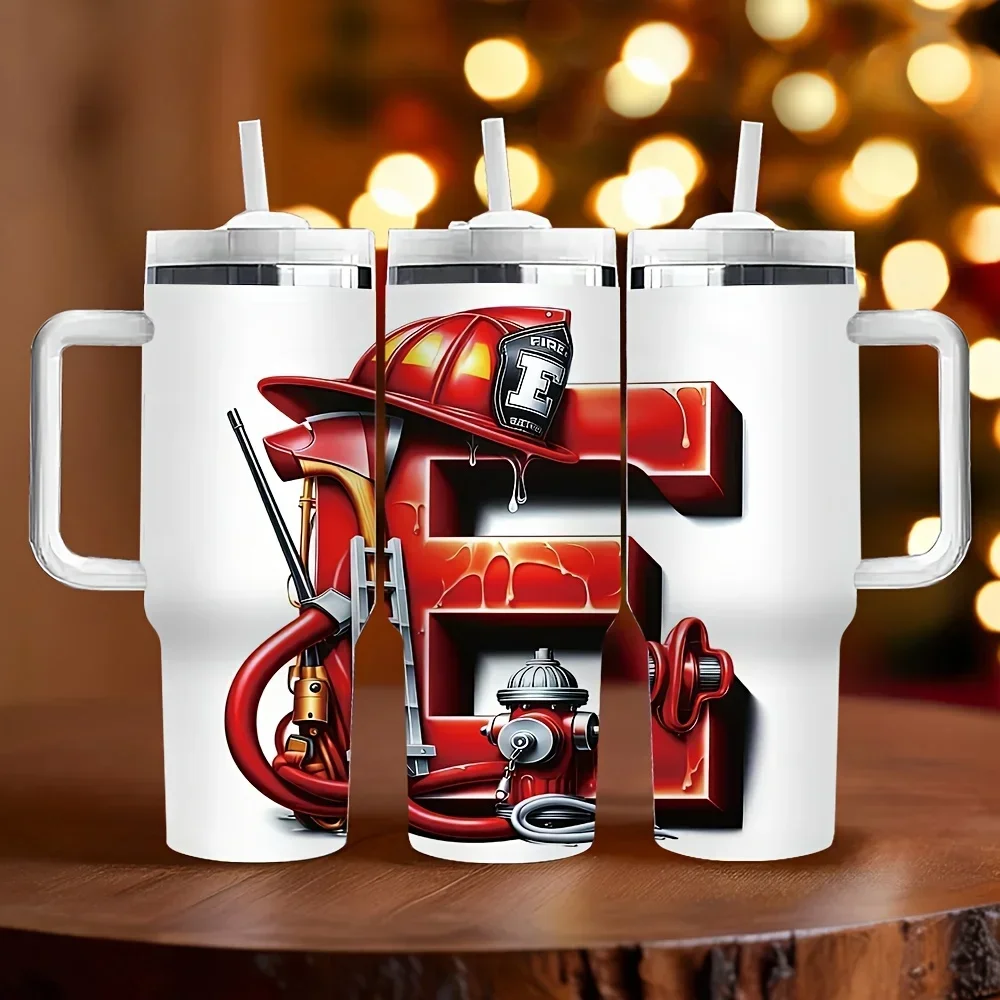 40oz Insulated Tumbler with Handle, Long Lasting Insulation, Firefighter Themed Letter Print, Perfect Gift for Firefighter Lovers for Daily Use And Holiday Birthday.