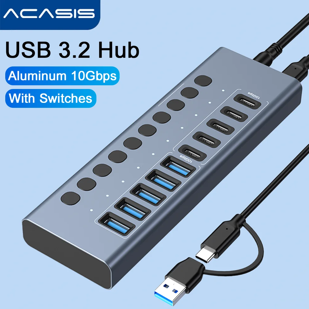 

ACASIS 10Gbps 10/16 Ports Powered USB 3.2 Hub Aluminum USB 3.2 Type-C Gen2 Data Hub Expander with Individual On/Off Switches