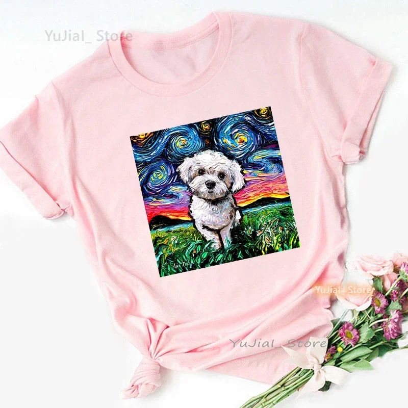 Starry Sky Teddy print pink t shirt girls Chihuahua/ Bulldog/Aussie/Yorkshire Terrier/Cat/Rabbit/dolphin dog tshirt women tops