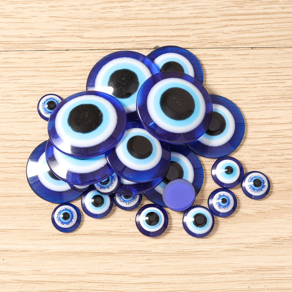 Tusember 8/10/14/20/25 mm blaue Evil-Eye-Harz-Cabochon-Perlen, lose Perlen mit flacher Rückseite, Anhänger für Halsketten, Armbänder, Schmuckherstellung – Detail 6